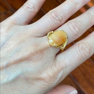 14K Solid Real Gold Oval Brown Jade Yelllow Ring